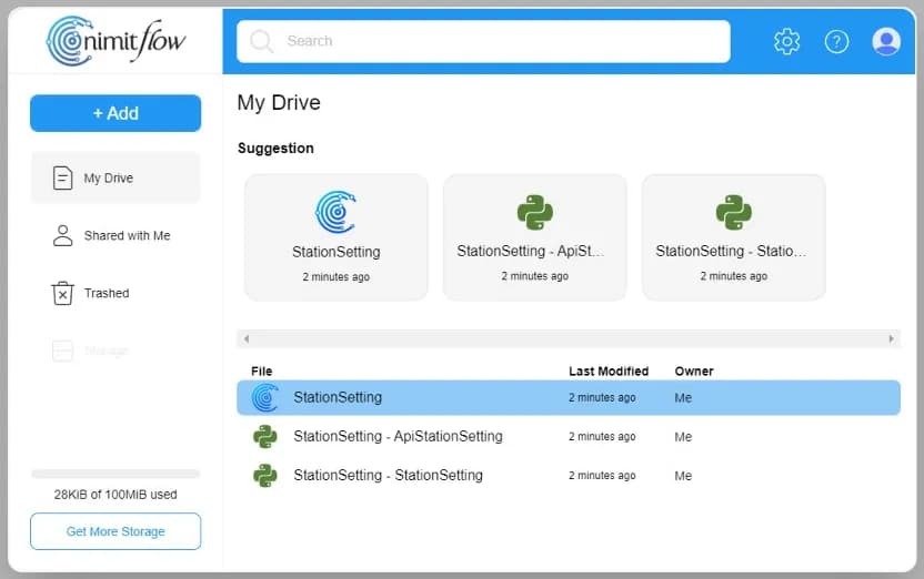 หน้า My Drive ของ nimitFlow มีเมนู My Drive, Shared with Me และ Trashed แสดงไฟล์ Flow ชื่อ StationSetting และไฟล์สคริปต์ Python ที่เกี่ยวข้อง