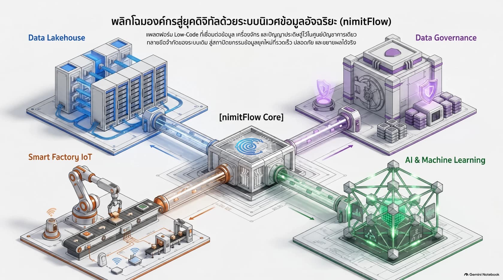 ภาพแนวคิด nimitFlow Core เชื่อม Data Lakehouse, Data Governance, Smart Factory IoT และ AI Machine Learning